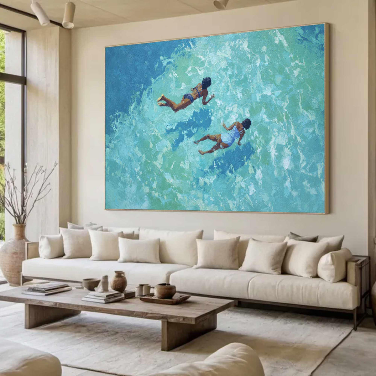 Two Ocean Swimmers Wall Art Turquoise Water Canvas Painting for Coastal Living Room Decor