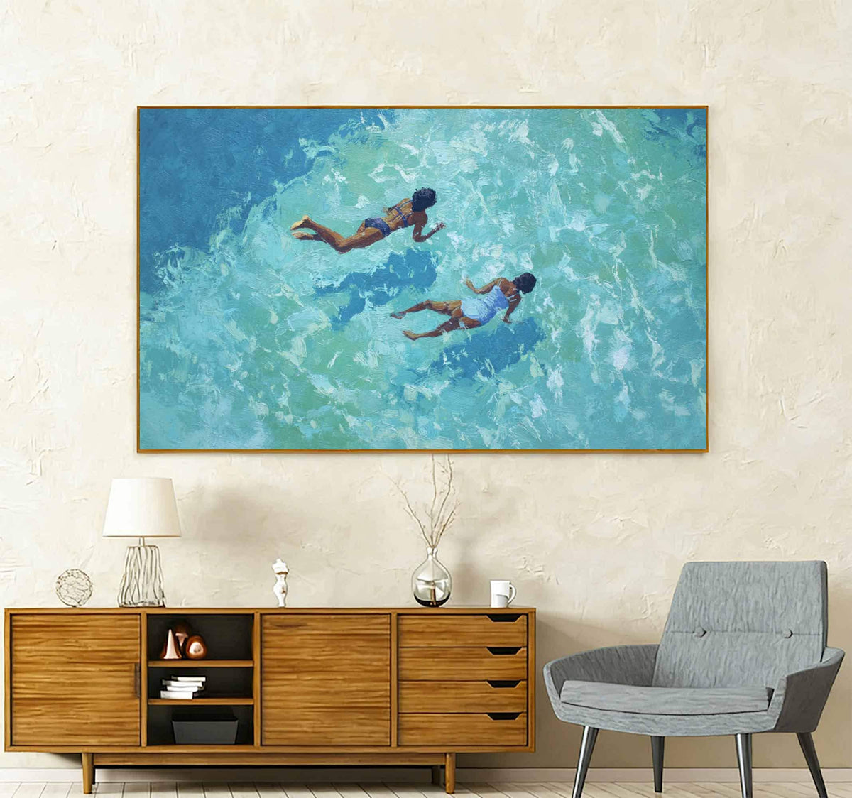 Two Ocean Swimmers Wall Art Turquoise Water Canvas Painting for Coastal Living Room Decor