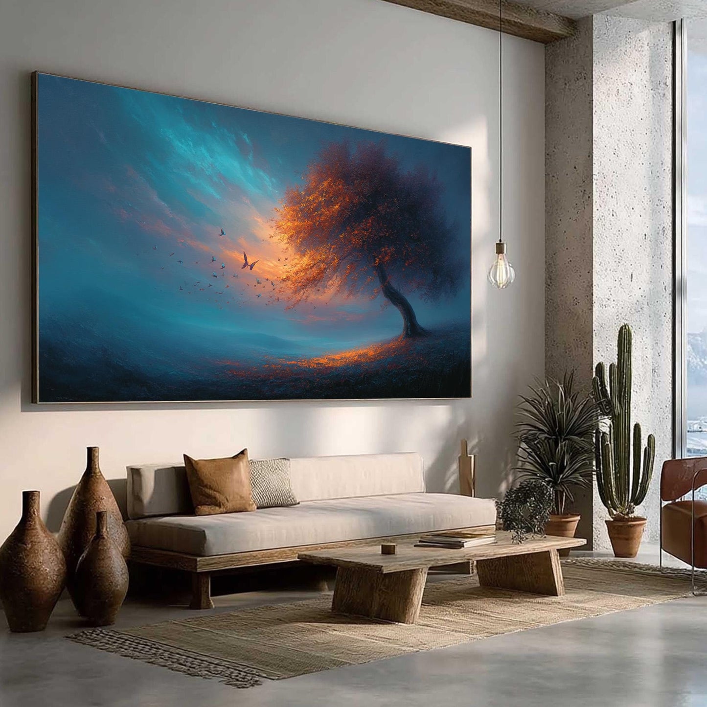 Surreal Butterfly Tree Painting, Teal and Orange Art, Large Fantasy Landscape, Magical Tree of Life Wall Art, Moody Living Ro