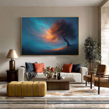 Surreal Butterfly Tree Painting, Teal and Orange Art, Large Fantasy Landscape, Magical Tree of Life Wall Art, Moody Living Ro