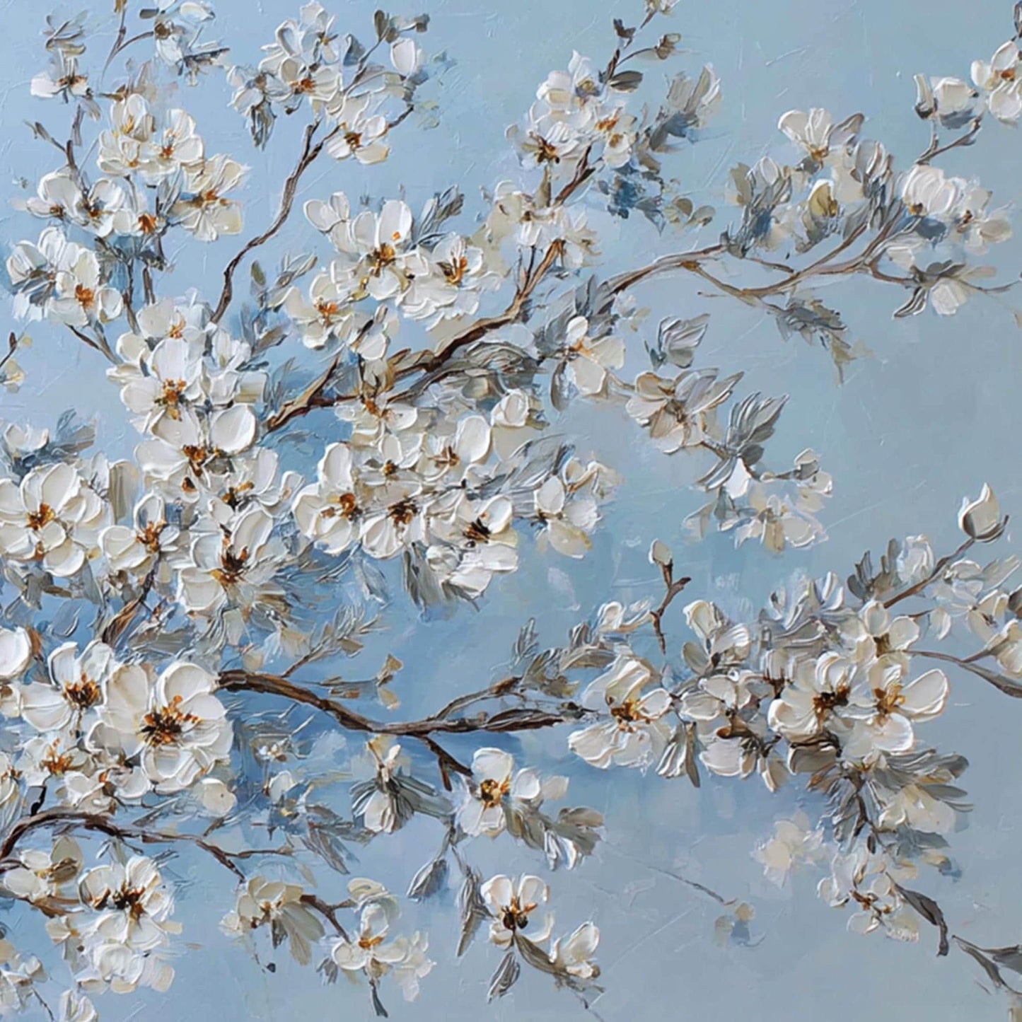 Blue and White Impasto Cherry Blossom Floral Wall Art