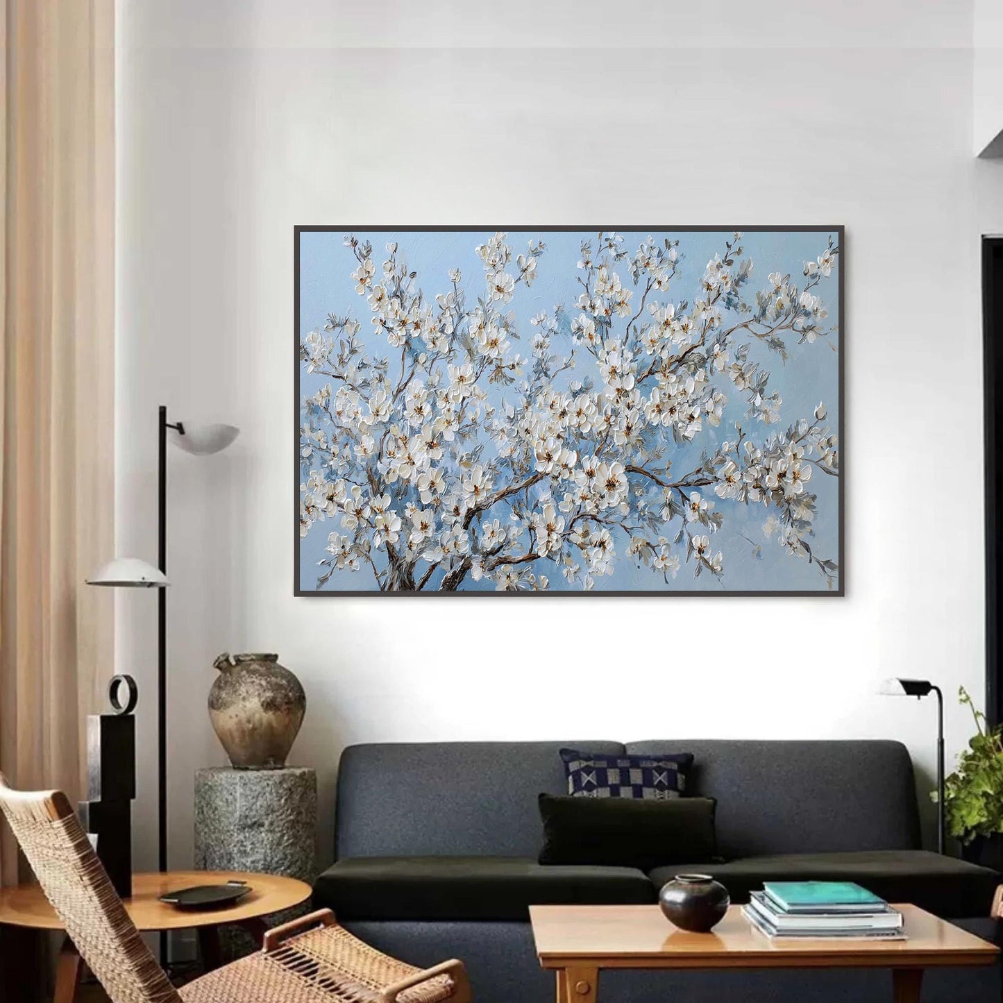 Blue and White Impasto Cherry Blossom Floral Wall Art