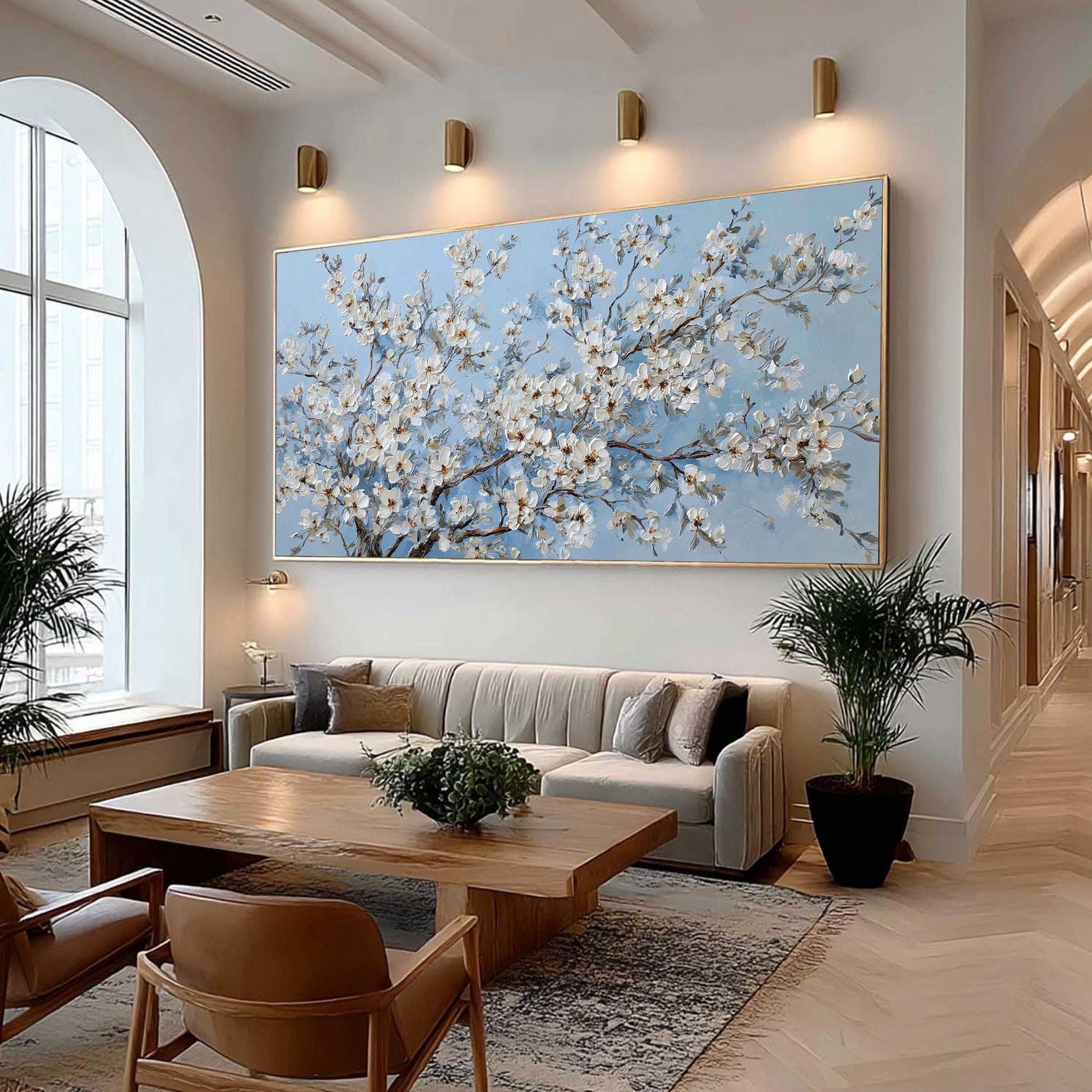 White Cherry Blossom – Blue and White Cherry Blossom Floral Wall Art | Impasto Hand-Painted Painting, view 3