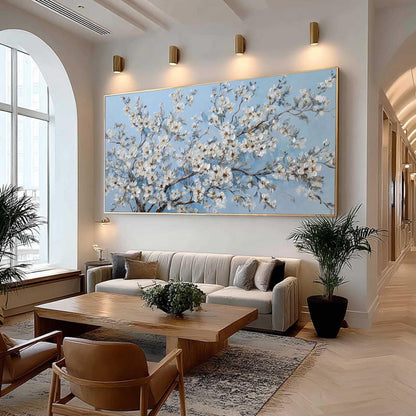 White Cherry Blossom – Blue and White Cherry Blossom Floral Wall Art | Impasto Hand-Painted Painting, view 3