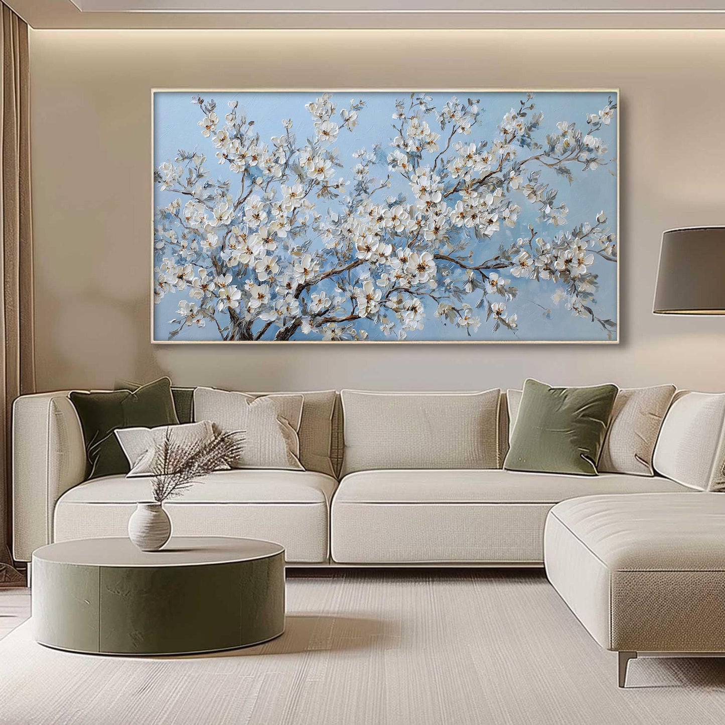 Blue and White Impasto Cherry Blossom Floral Wall Art