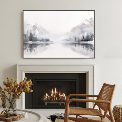 Panoramic Grey and White Minimalist Lake Landscape Wall Art