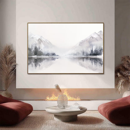 Panoramic Grey and White Minimalist Lake Landscape Wall Art
