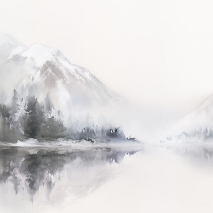 Panoramic Grey and White Minimalist Lake Landscape Wall Art