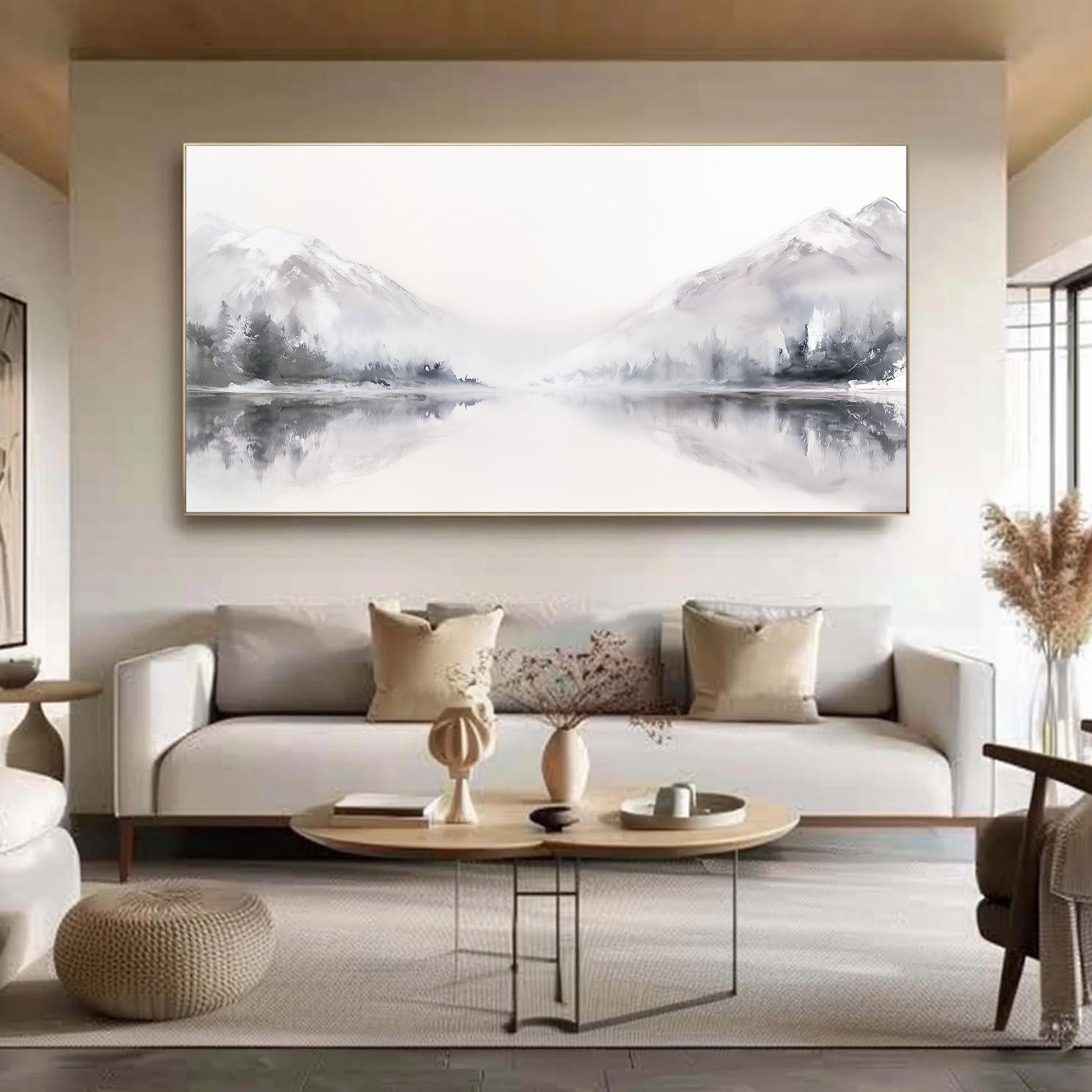 Abstract Mountain Painting Panoramic Landscape Art White and Grey Decor Large Lake Reflection Wall Art Original Oil Painting 