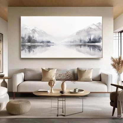 Abstract Mountain Painting Panoramic Landscape Art White and Grey Decor Large Lake Reflection Wall Art Original Oil Painting 