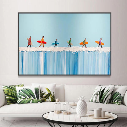 Vibrant Surfers – Colorful Beach Seascape Wall Art | Oil Painting, view 1