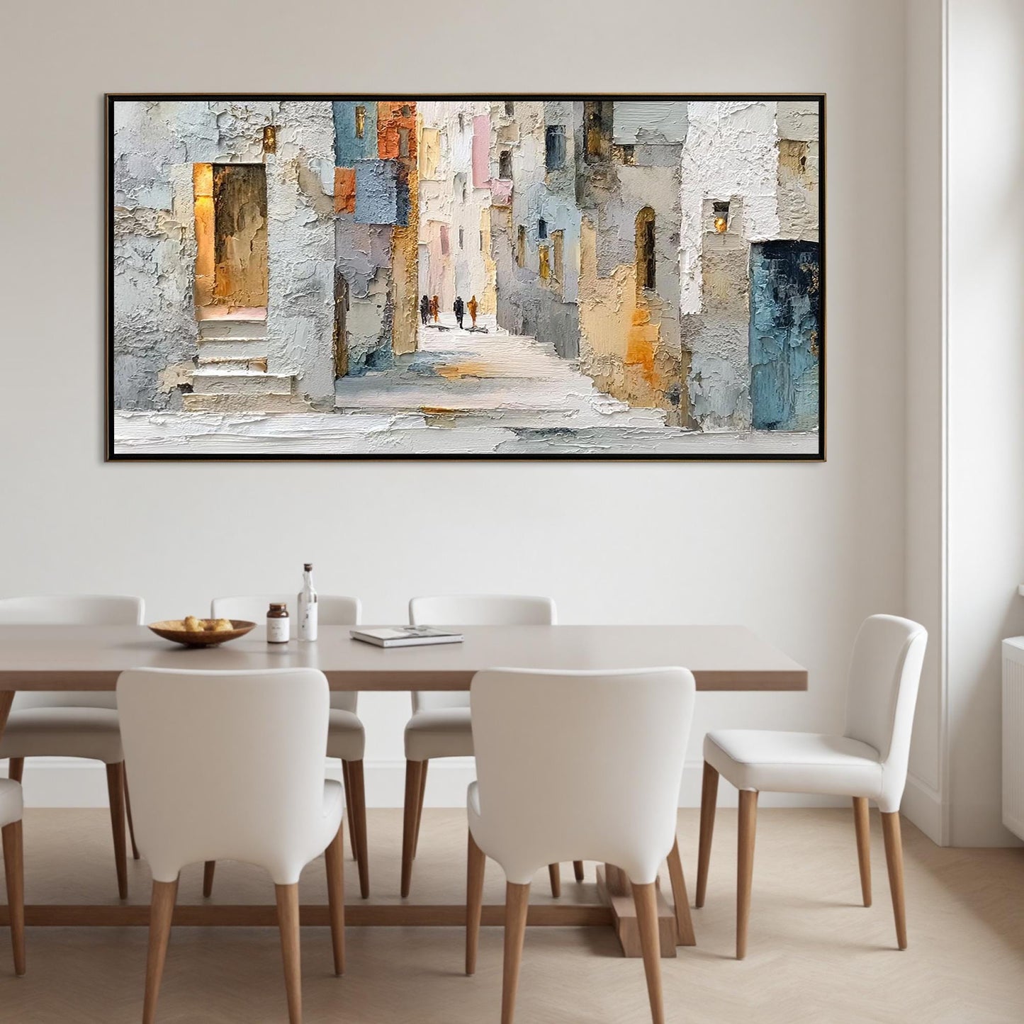 Textured Cityscape Painting, Beige Palette Knife Impasto Canvas, European Alleyway Art – Blue and Orange Cityscape City Archi