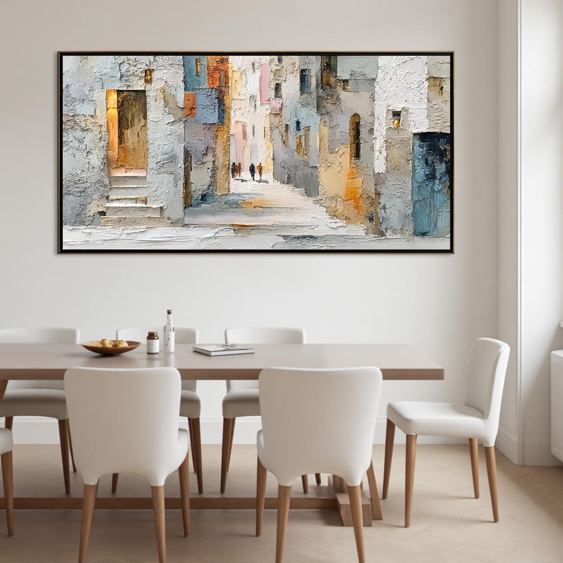 Textured Cityscape Painting, Beige Palette Knife Impasto Canvas, European Alleyway Art – Blue and Orange Cityscape City Archi
