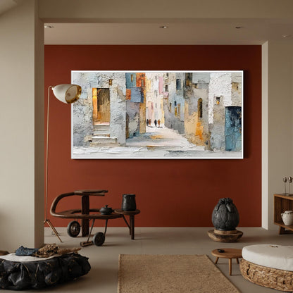 Blue and Orange Abstract Impasto City Architecture Wall Art – Textured Cityscape Painting