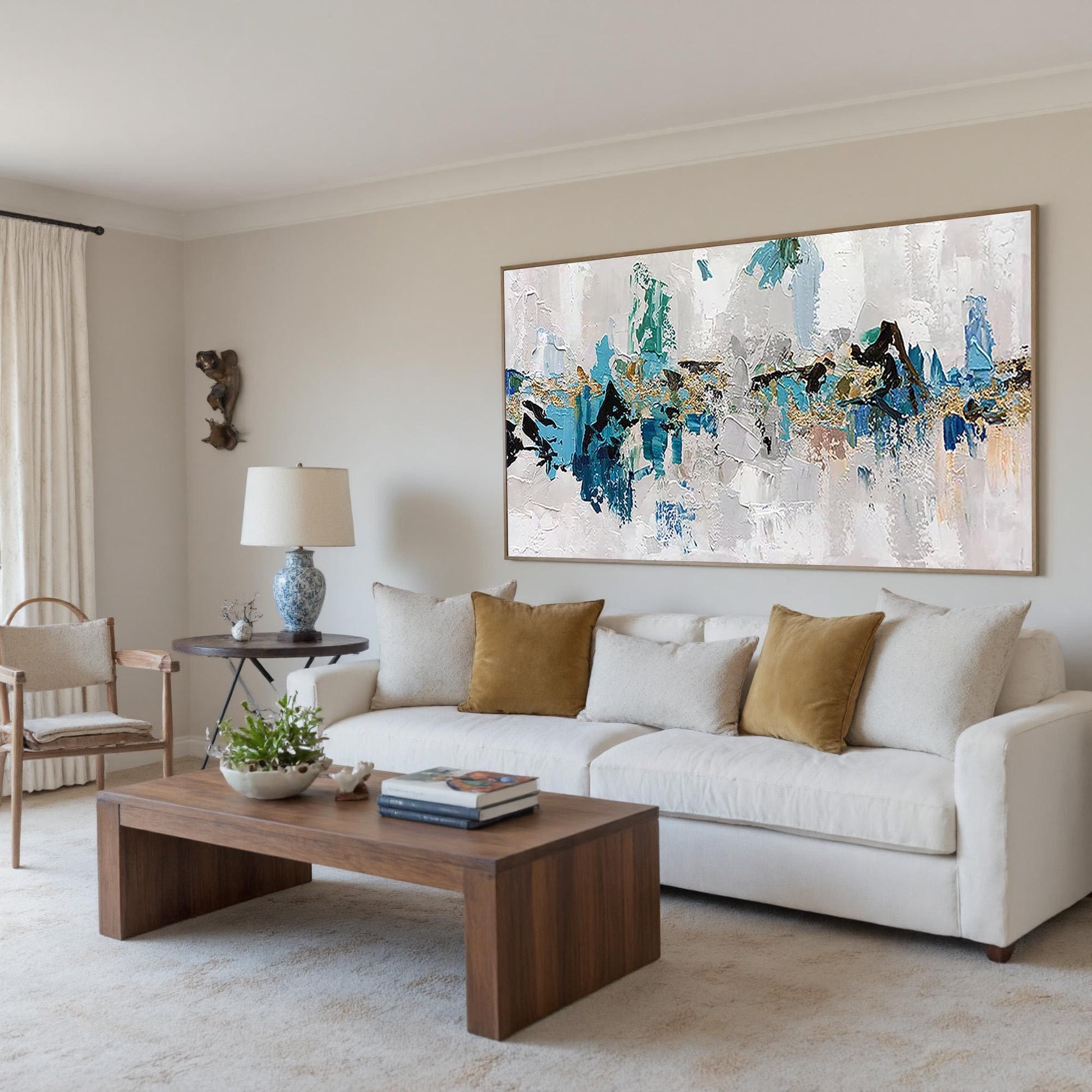 Large – Panoramic Blue and Gold Abstract Wall Art | Impasto Oil Painting, view 3