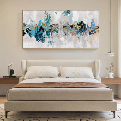 Panoramic Blue and Gold Coastal Impasto Oil Painting – Abstract Wall Art