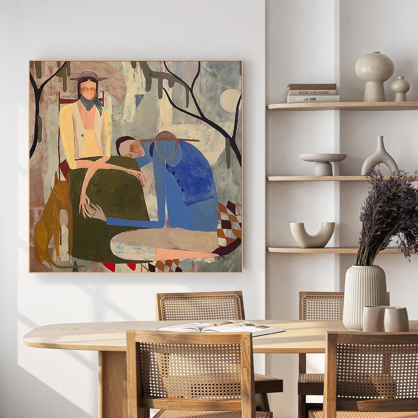 Abstract Couple Figure Portrait Wall Art – Folk Art with Dog, Earth Tones