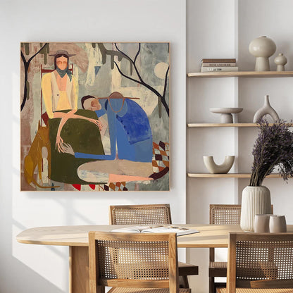 Abstract Couple Figure Portrait Wall Art – Folk Art with Dog, Earth Tones