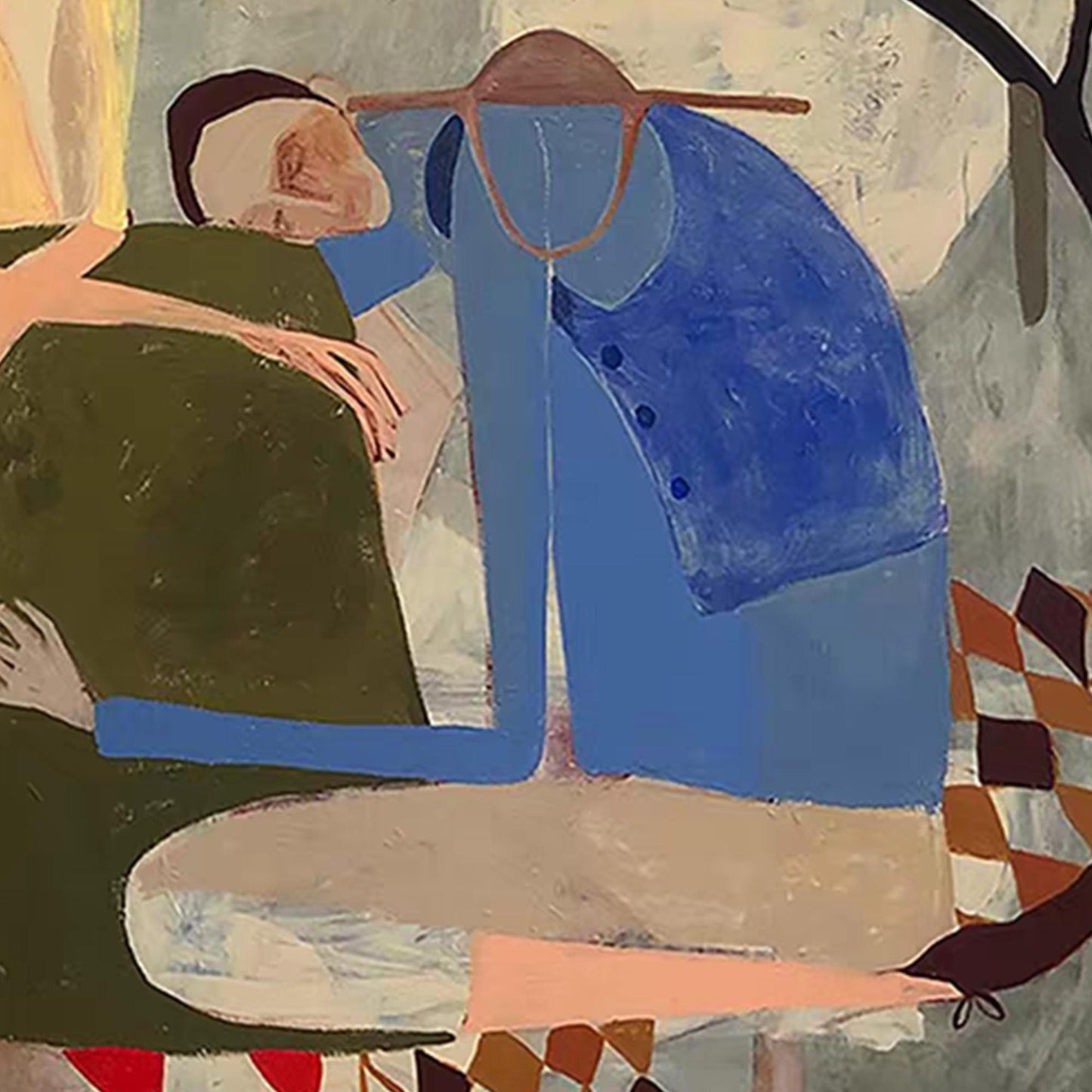 Abstract Couple Figure Portrait Wall Art – Folk Art with Dog, Earth Tones
