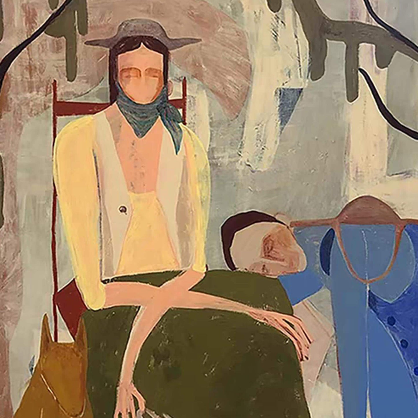 Abstract Couple Painting, Folk Art with Dog, Earth Tones, Large Square Canvas – Couple Figure Portrait Wall Art | Abstract Pa