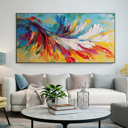 Colorful Abstract Bird Feathers Oil Painting – Large Animal Wall Art