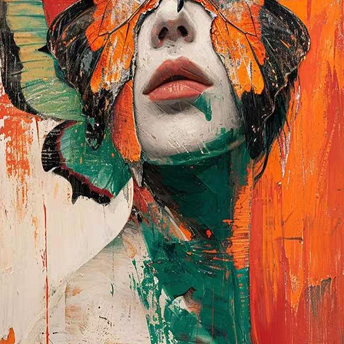 Abstract Butterfly Woman Painting, Surreal Figurative Wall Art, Original Textured Orange Green Art, Modern Portrait, Large Ca
