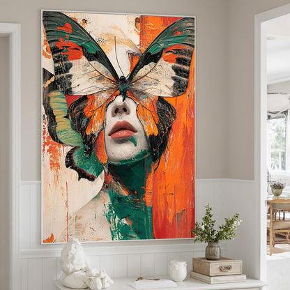 Green and Orange Abstract Textured Butterfly Animal Wall Art