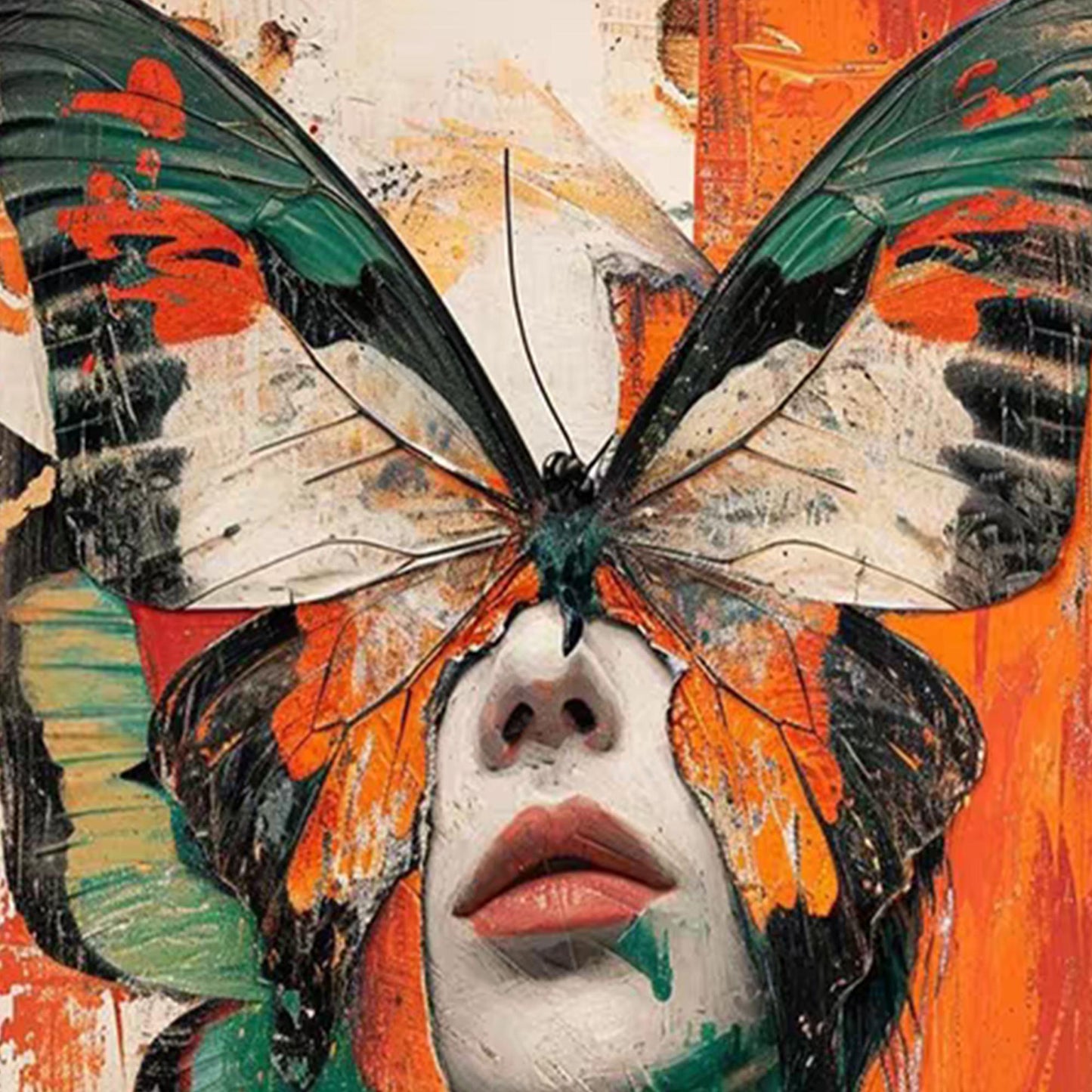 Abstract Butterfly Woman Painting, Surreal Figurative Wall Art, Original Textured Orange Green Art, Modern Portrait, Large Ca