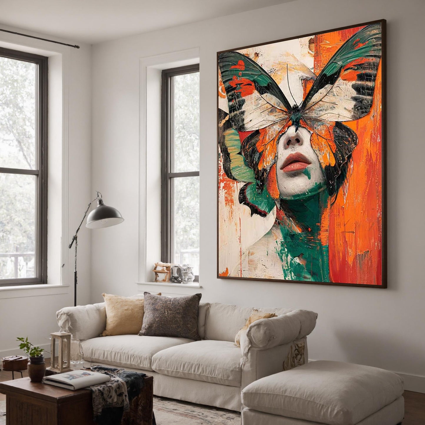 Abstract Butterfly Woman Painting, Surreal Figurative Wall Art, Original Textured Orange Green Art, Modern Portrait, Large Ca