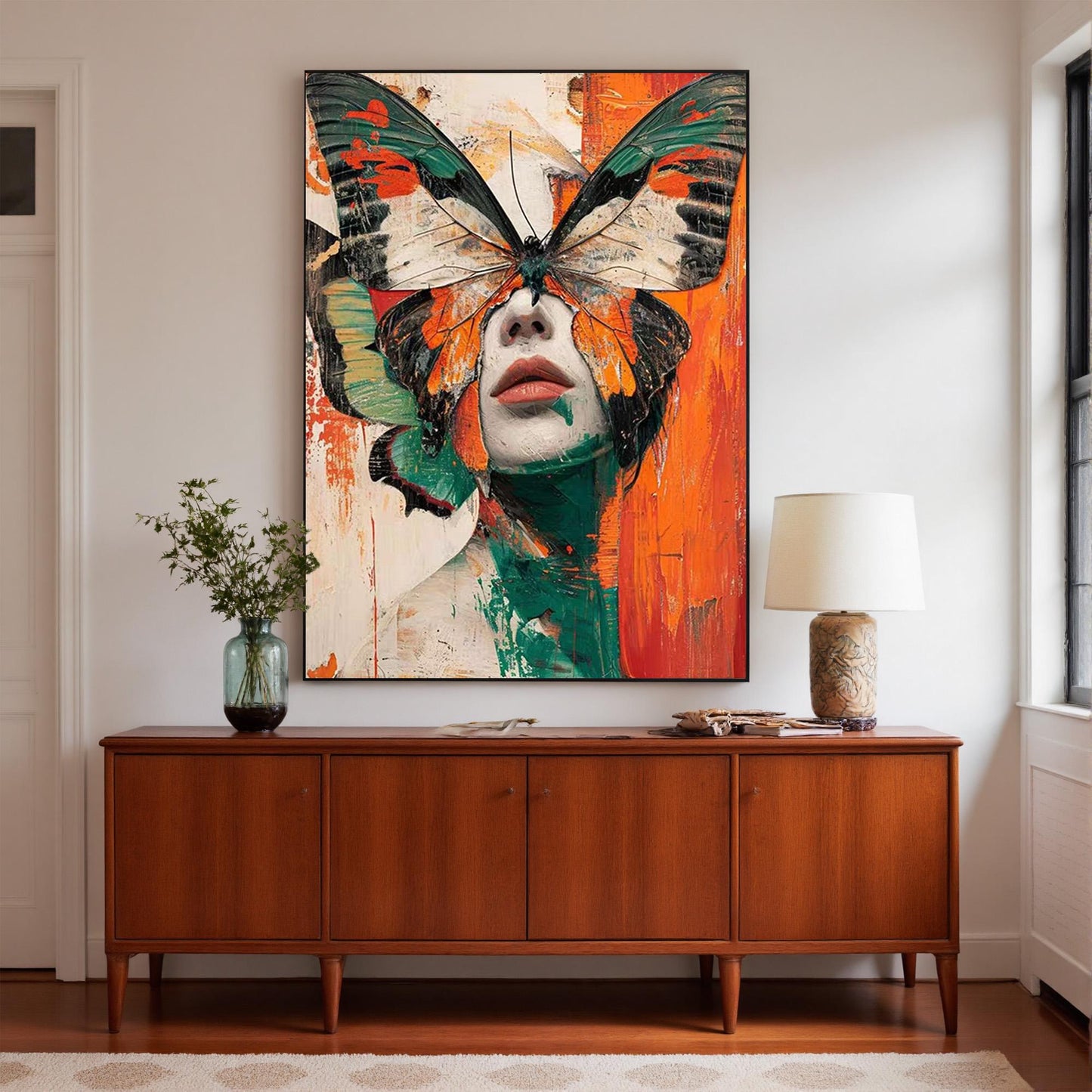 Abstract Butterfly Woman Painting, Surreal Figurative Wall Art, Original Textured Orange Green Art, Modern Portrait, Large Ca