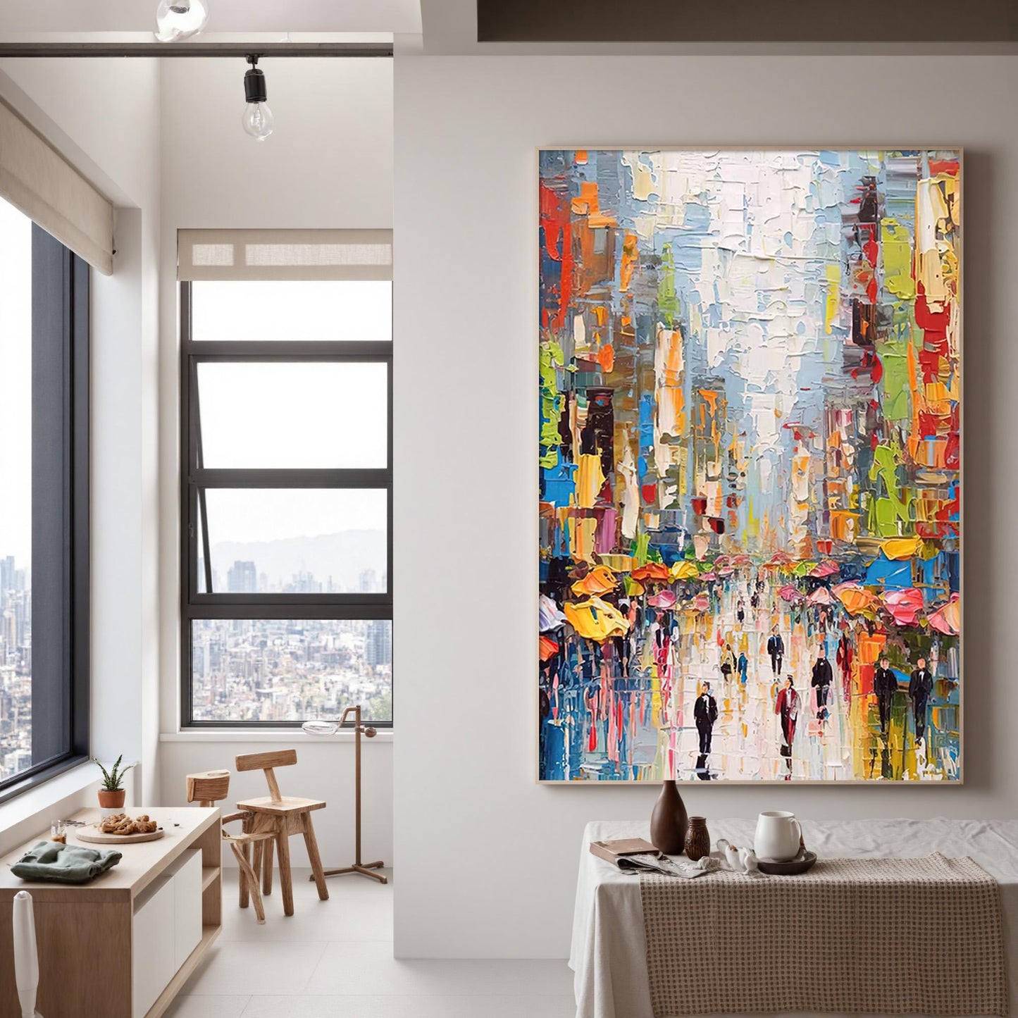 Colorful Abstract City Architecture Wall Art – Large Rainy Day Cityscape Painting