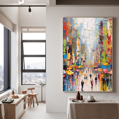 Colorful Abstract City Architecture Wall Art – Large Rainy Day Cityscape Painting