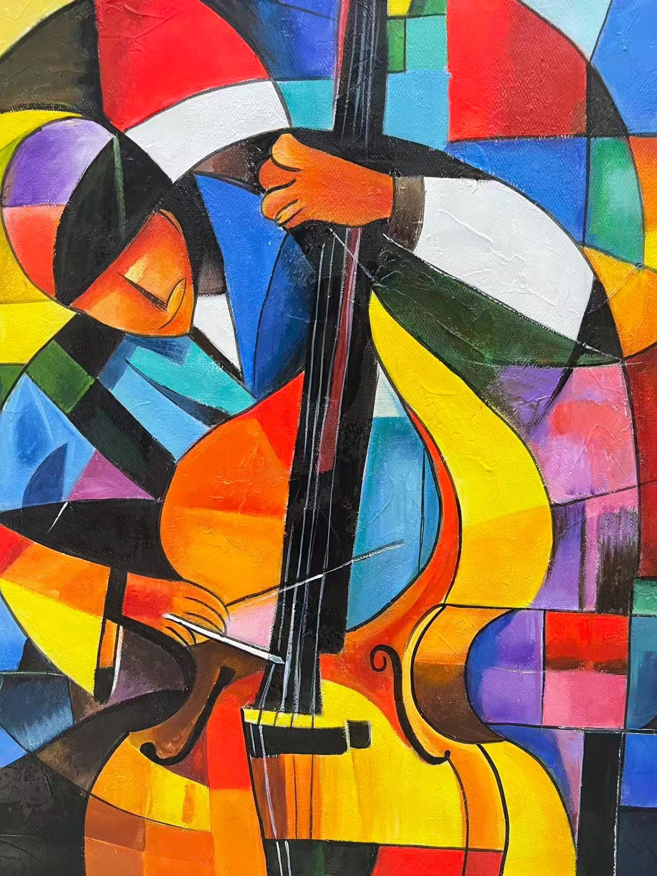 Colorful Cubist Cello Oil Painting – Abstract Geometric Wall Art