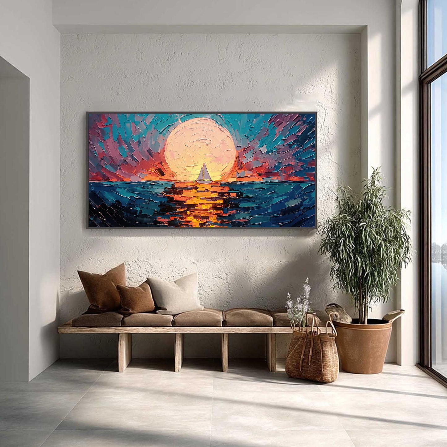 Sunset Sailboat Painting – Sailboat Abstract Wall Art | Impasto Oil Painting, view 1