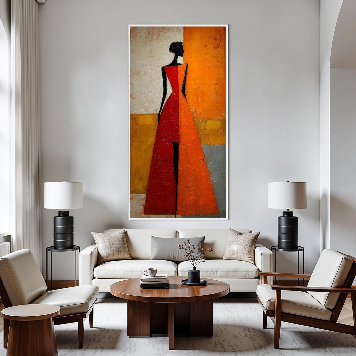 Elegant Woman Red Orange Dress Abstract Oil Painting – Textured Figure Portrait Wall Art