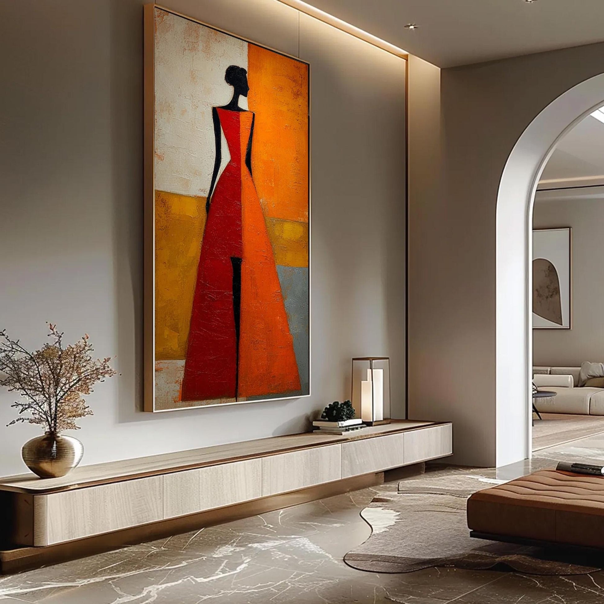 Abstract Oil Painting, Elegant Woman Red Orange Dress, Textured Wall Art Decor – Orange and Red Figurative Figure Portrait Wa