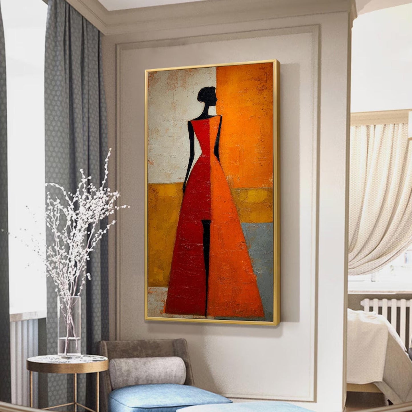 Abstract Oil Painting, Elegant Woman Red Orange Dress, Textured Wall Art Decor – Orange and Red Figurative Figure Portrait Wa