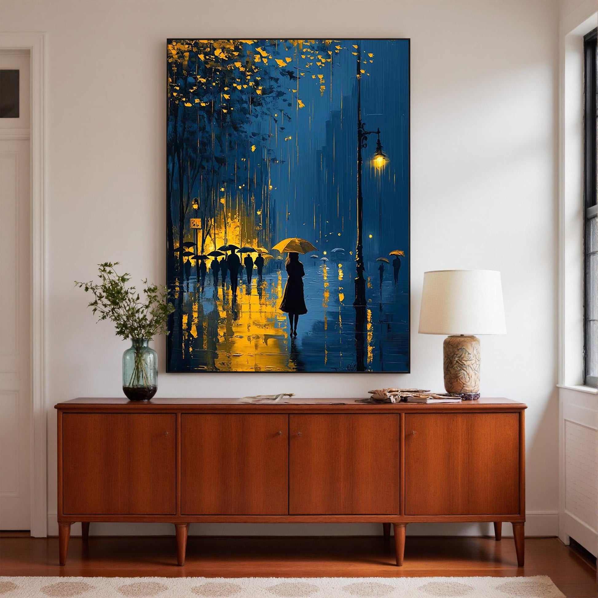 Romantic Rainy Night – Street Scene City Architecture Wall Art | Oil Painting, view 1