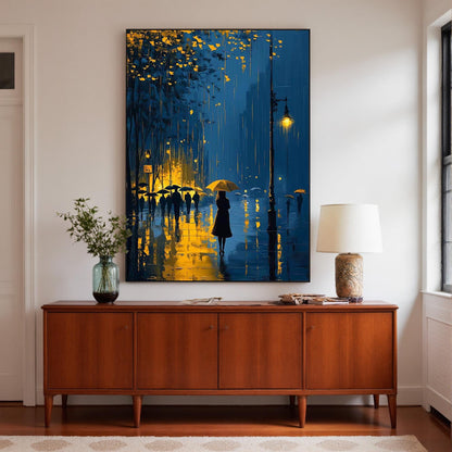 Romantic Rainy Night – Street Scene City Architecture Wall Art | Oil Painting, view 1