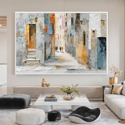 Textured Cityscape Painting, Beige Palette Knife Impasto Canvas, European Alleyway Art – Blue and Orange Cityscape City Archi