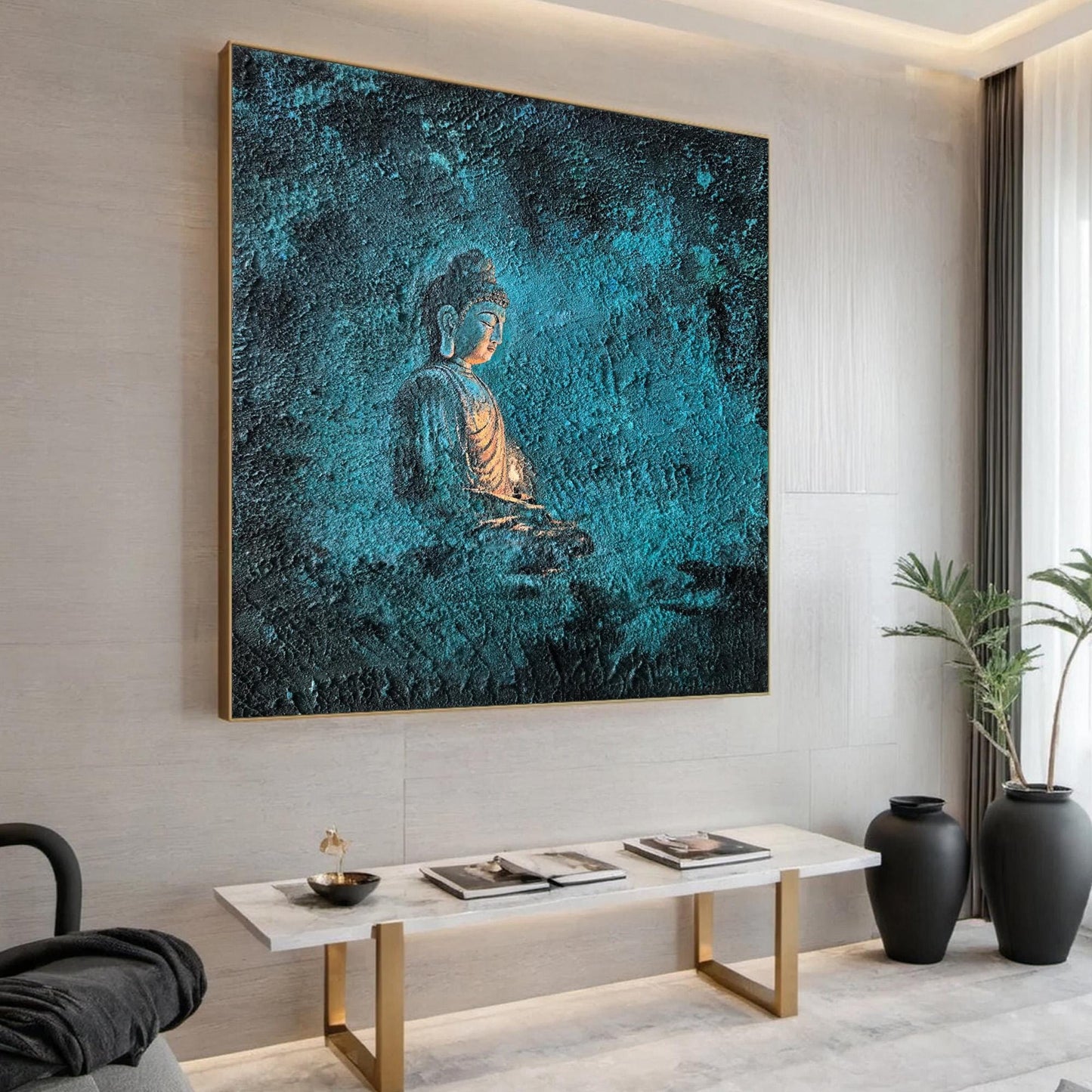 Textured Buddha Oil Painting, Deep Blue Abstract Spiritual Art – Blue Abstract Wall Art | Textured Oil Painting, view 2