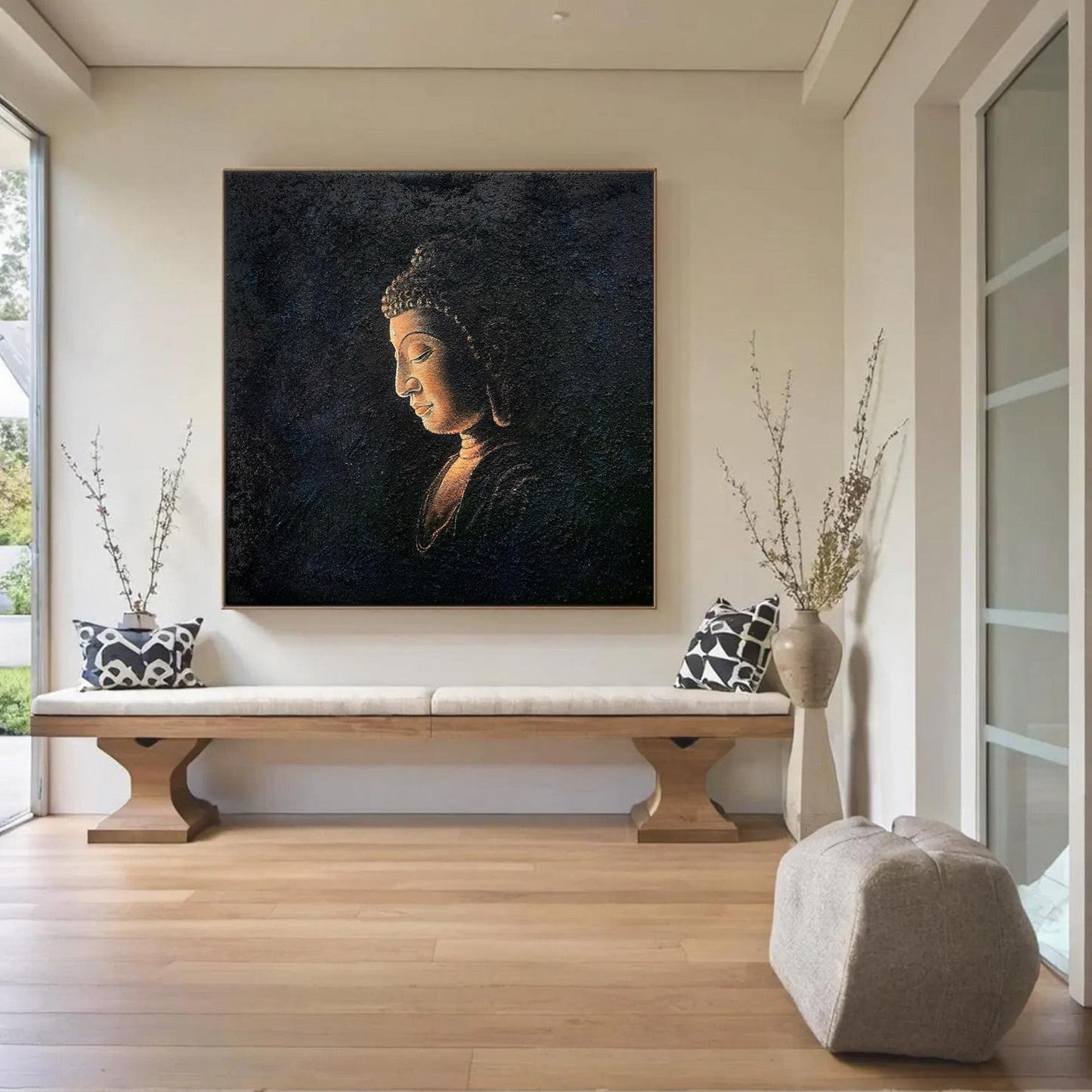 Textured Black Buddha Oil Painting, Tranquil Asian Wall Art – Black Abstract 3D Texture Wall Art | Textured Oil Painting, vie