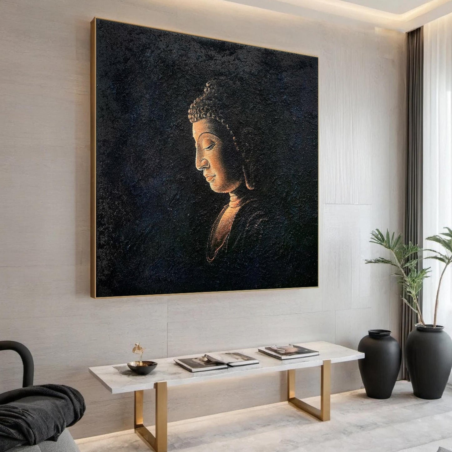 Textured Black Buddha Oil Painting, Tranquil Asian Wall Art – Black Abstract 3D Texture Wall Art | Textured Oil Painting, vie