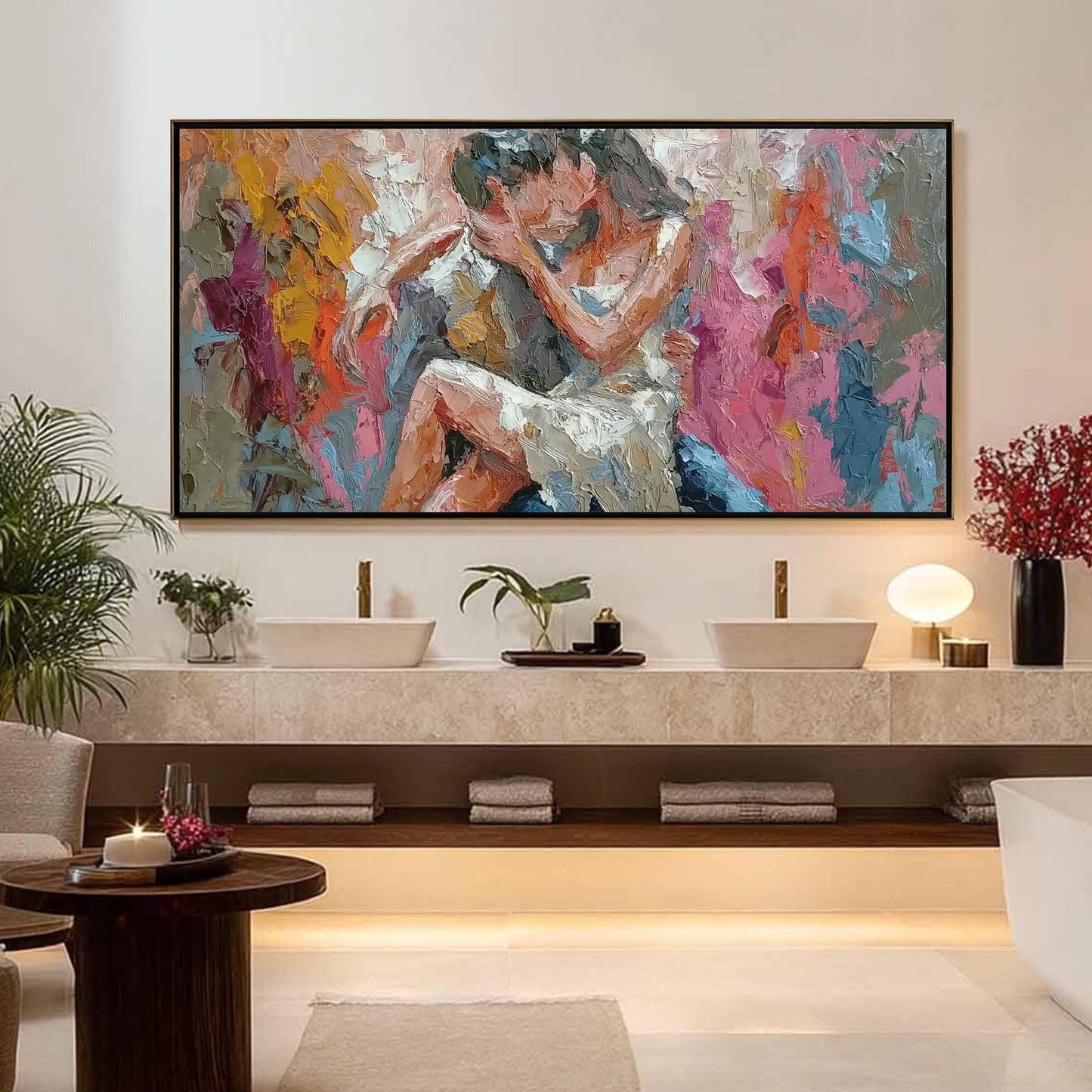 Romantic – Colorful Couple Figure Portrait Wall Art | Abstract Oil Painting, view 1