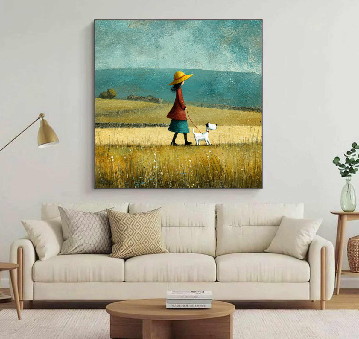 Girl With Puppy Painting, Rustic Meadow Landscape, Nursery Wall Art