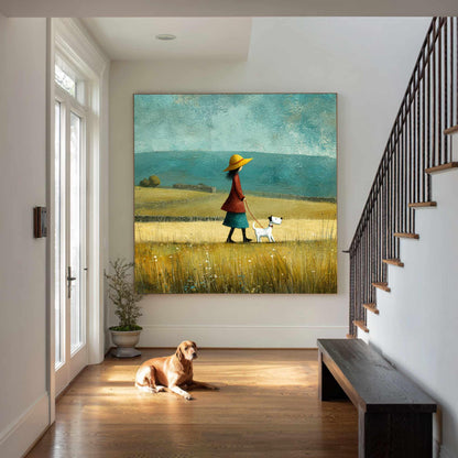 Girl With Puppy Painting, Rustic Meadow Landscape, Nursery Wall Art