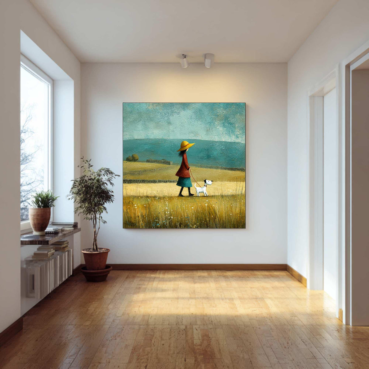 Girl With Puppy Painting, Rustic Meadow Landscape, Nursery Wall Art