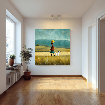 Girl With Puppy Painting, Rustic Meadow Landscape, Nursery Wall Art