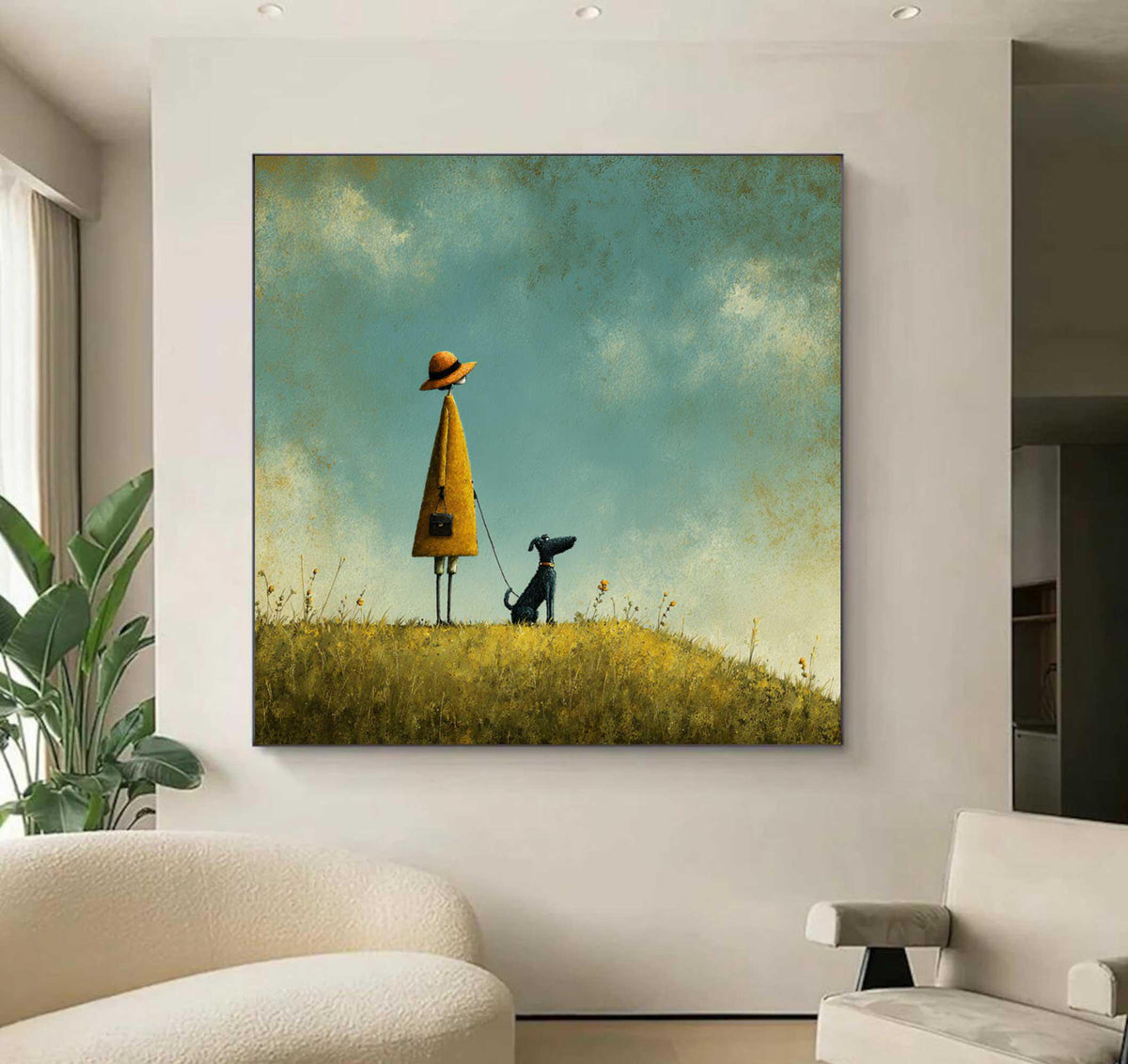 Girl and Dog Oil Painting, Whimsical Landscape Art, Turquoise Sky