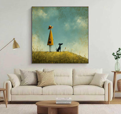 Girl and Dog Oil Painting, Whimsical Landscape Art, Turquoise Sky